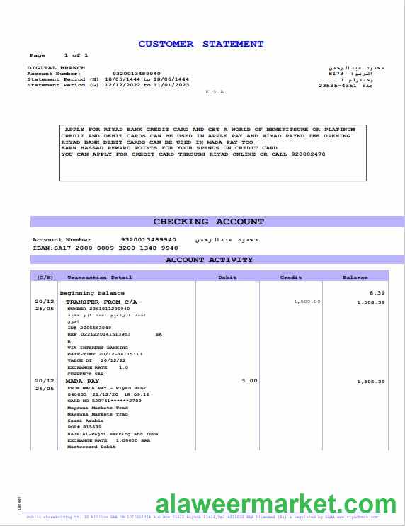 Saudi Arabia Riyad Bank statement Word and PDF example